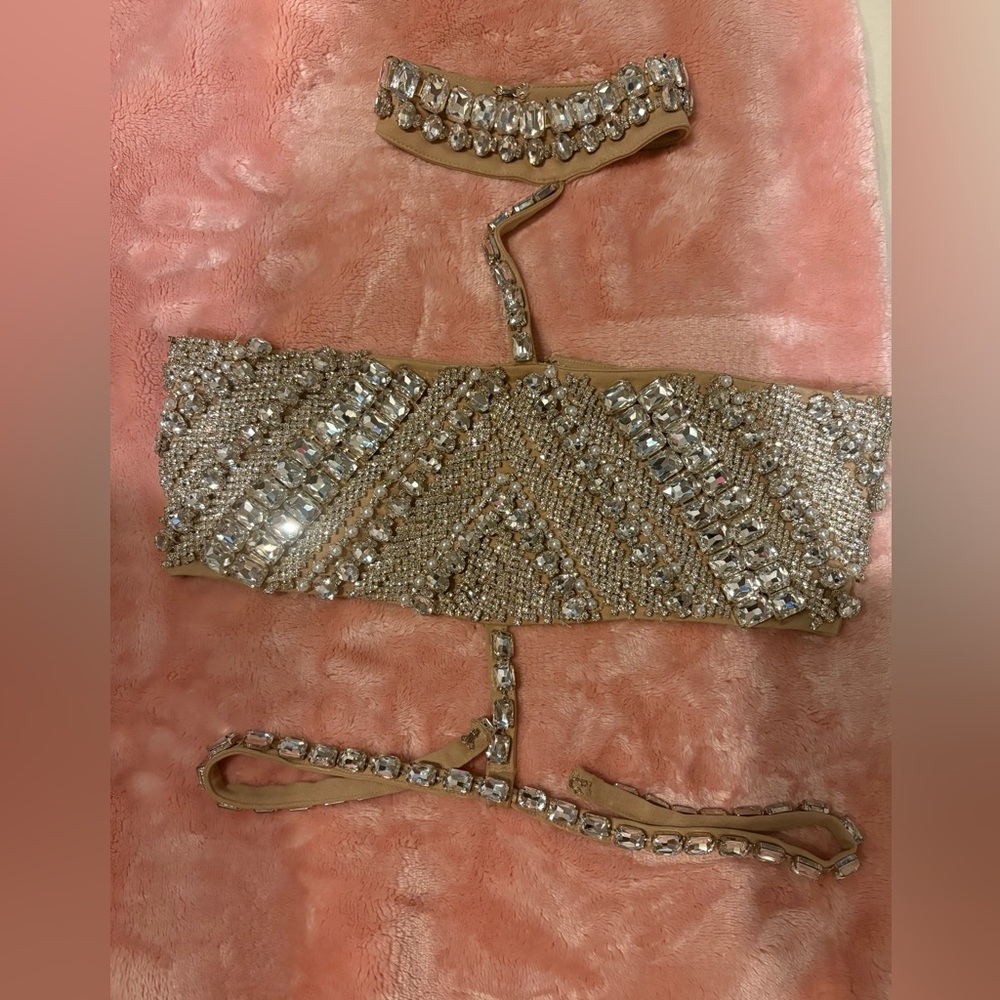 Elegant Tan and Silver Beaded Women's Accessory Set
